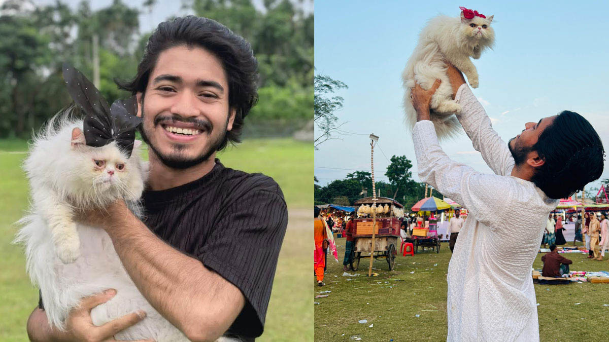 বিড়াল ‍‍ফ্লপি‍‍র সঙ্গে ইয়াসিন আহমেদ সজীব।    ছবি- সংগৃহীত