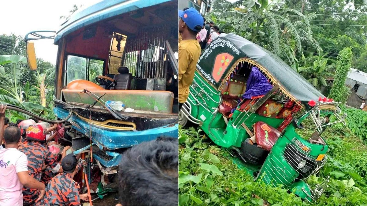 ময়মনসিংহে ত্রিমুখী সংঘর্ষে ক্ষতিগ্রস্ত বাস ও সিএনজি।  ছবি- সংগৃহীত
