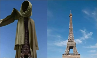 হিজাবের আড়ালে আইফেল টাওয়ারকে ঢেকে বিজ্ঞাপন