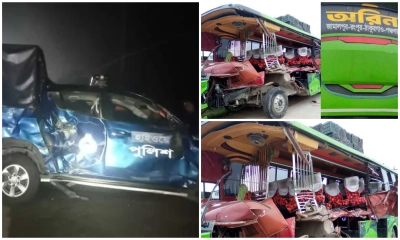 দুর্ঘটনায় দুমড়ে-মুচড়ে যাওয়া অরিন পরিবহনের বাস, ট্রাক ও পুলিশের গাড়ি। ছবি- রূপালী বাংলাদেশ