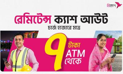 এটিএম থেকে বিকাশ-এ রেমিটেন্সের অর্থ ক্যাশ আউট করা যাচ্ছে ৭টাকা চার্জে