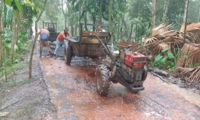 বৃষ্টির মধ্যে পাথরঘাটায় চলছে পিচ ঢালাইয়ের কাজ। ছবি- রূপালী বাংলাদেশ