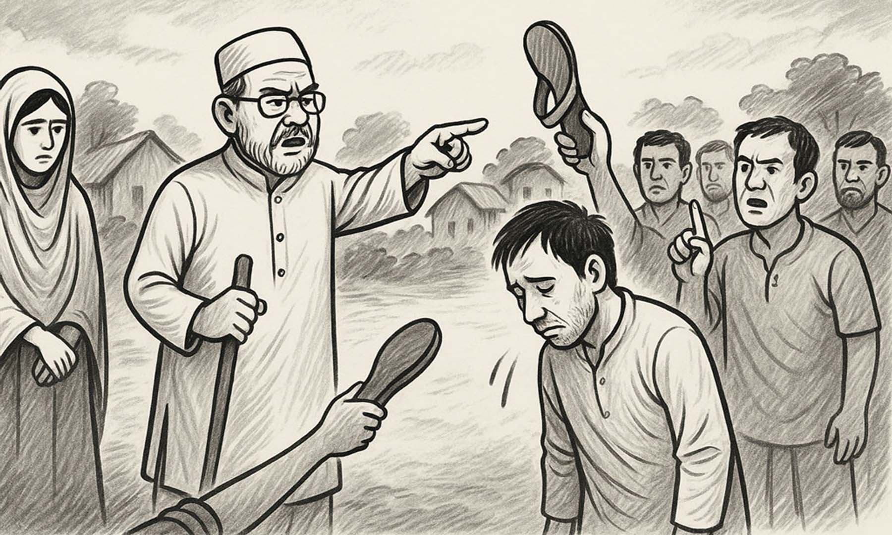 স্ত্রীর বিরুদ্ধে পরকীয়ার অভিযোগ তুলে স্বামীকে সালিশে জুতাপেটা। ছবি- সংগৃহীত