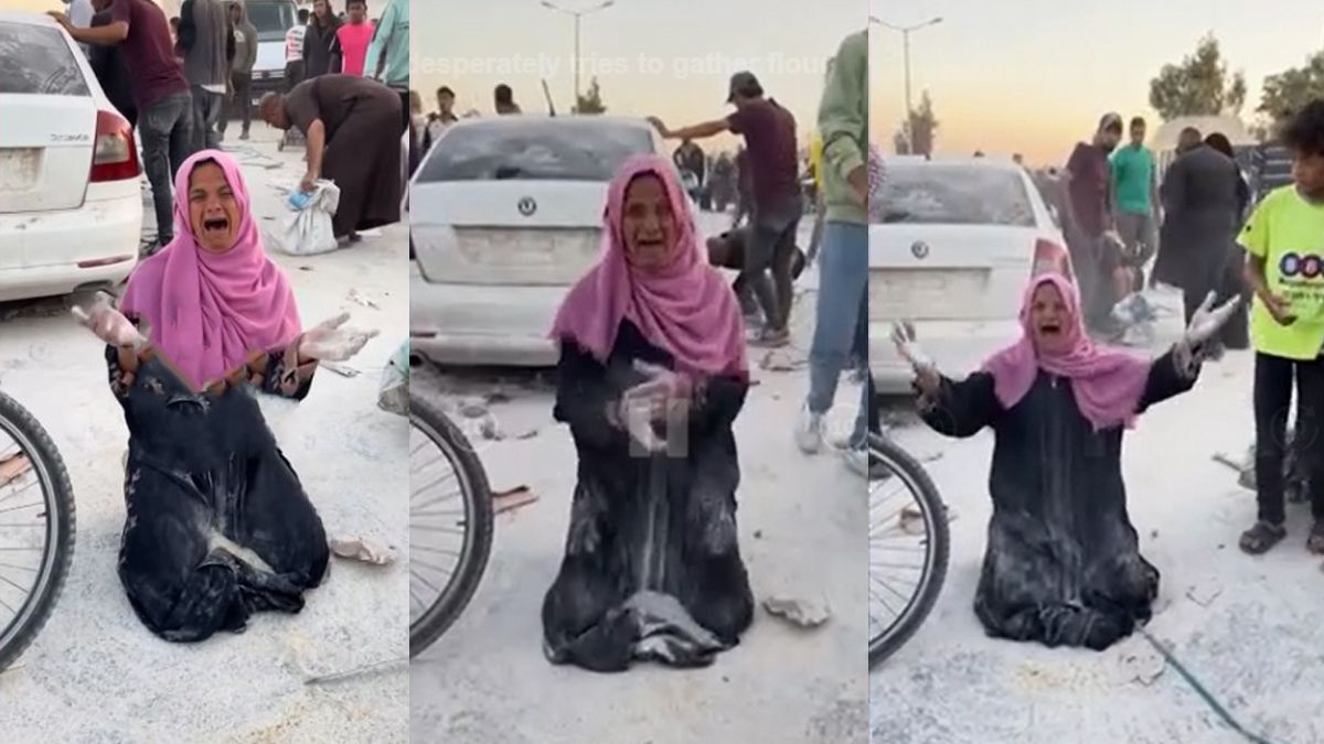 ময়লাযুক্ত আটা তুলতে তুলতে আল্লাহর কাছে চিৎকার করে ফরিয়াদ করছেন ফিলিস্তিনি নারী। ছবি- ভিডিও থেকে নেওয়া