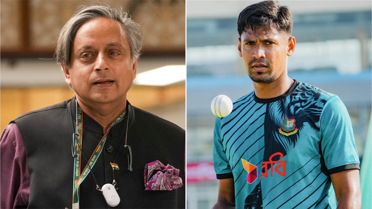 ভারতের কংগ্রেস সাংসদ শশী থারুর ও মুস্তাফিজুর রহমান। ছবি : সংগৃহীত