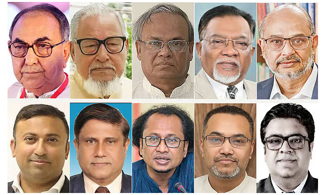 ওপরে বাঁ থেকে মির্জা আব্বাস উদ্দিন আহমেদ, নজরুল ইসলাম খান, রুহুল কবির রিজভী আহমেদ, মো. ইসমাইল জবিউল্লাহ ও রাশেদ আল মাহমুদ তিতুমীর; নিচে বাঁ থেকে হুমায়ুন কবির, ব্রিগেডিয়ার জেনারেল (অব.) শামসুল ইসলাম, জাহেদ উর রহমান, মাহাদি আমিন ও রেহান আসিফ আসাদ