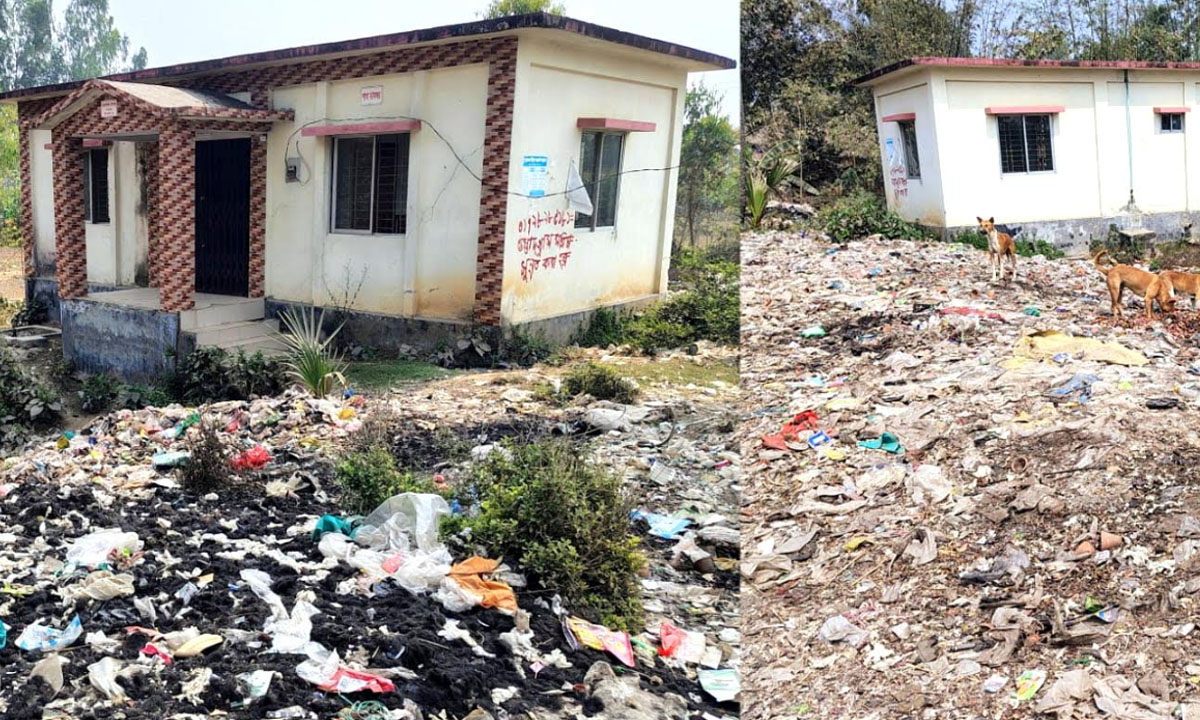 হাটশ্যামগঞ্জ ডাকঘরে দীর্ঘদিন ধরে ময়লা আবর্জনার স্তূপ। ছবি : রূপালী বাংলাদেশ