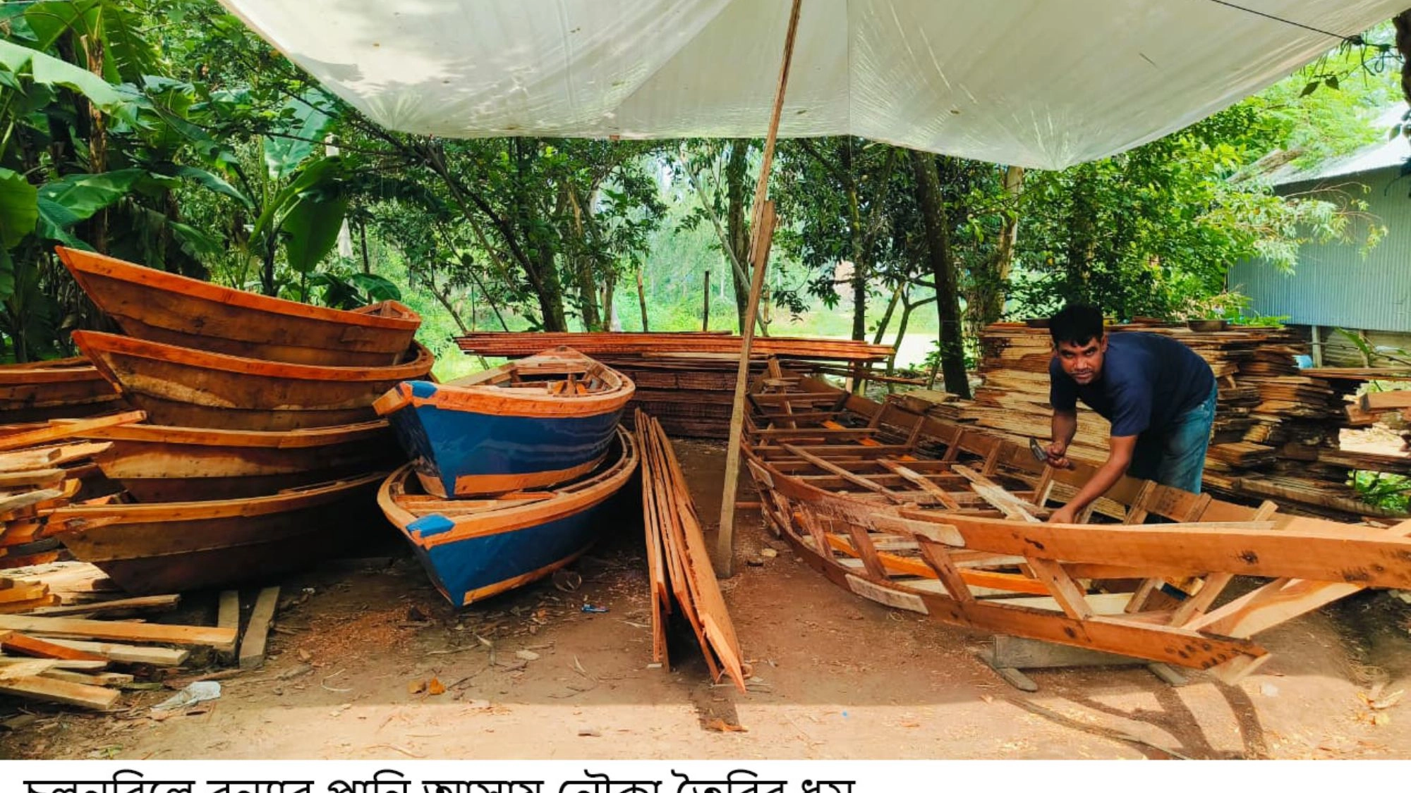 চলনবিলে পানি বাড়ায় নৌকা তৈরির ধুম