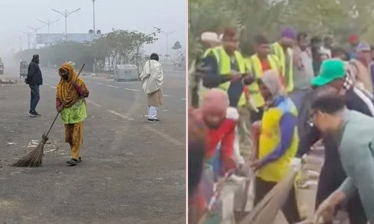 পূর্বাচল সড়কের আবর্জনা অপসারণ করছে সিটি করপোরেশন। ছবি : সংগৃহীত