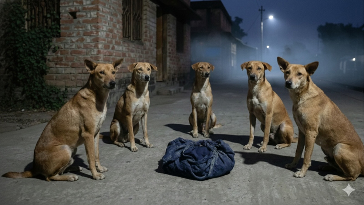 শ্চিমবঙ্গের নদীয়া জেলার নবদ্বীপে রাস্তায় ফেলে যাওয়া এক নবজাতককে রাতভর পাহারা দেয় পথকুকুরের একটি দল। ছবি- এআই দিয়ে বানানো