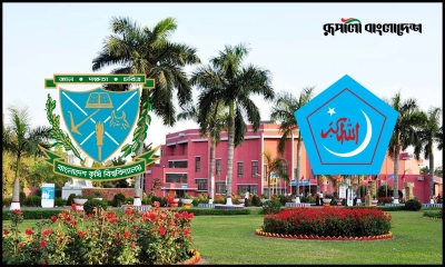বাংলাদেশ কৃষি বিশ্ববিদ্যালয় ও শিবিরের লোগো। ছবি- রূপালী বাংলাদেশ গ্রাফিক্স