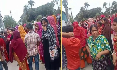 বরিশালে বকেয়া বেতনের দাবিতে ফরচুন সুজের শ্রমিকদের বিক্ষোভ। ছবি- ভিডিও থেকে নেওয়া