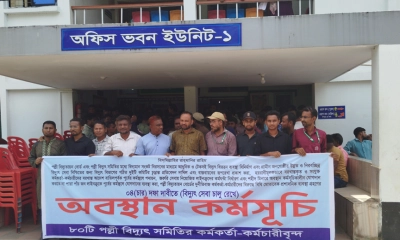 চার দফা দাবিতে টিয়া পল্লি বিদ্যুৎ সমিতি-১ কর্মকর্তা-কর্মচারীরা অবস্থান কর্মসূচি পালন করেন। ছবি- রূপালী বাংলাদেশ
