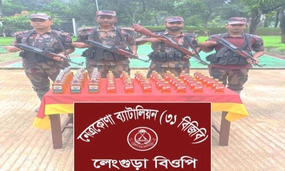 নেত্রকোনার কলমাকান্দা সীমান্তে ৭১ বোতল ভারতীয় মদ জব্দ করেছে বর্ডার গার্ড বাংলাদেশ (বিজিবি)। ছবি- রূপালী বাংলাদেশ