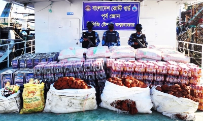 মায়ানমারে পাচার করার সময় জব্দ বাংলাদেশি পণ্য। ছবি: রুপালি বাংলাদেশ