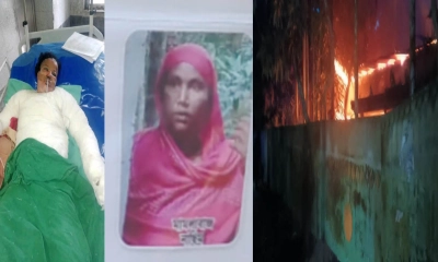 দগ্ধ শাহনাজ বেগম, অভিযুক্ত নাছিমা বেগম এবং বাড়িতে অগ্নিসংযোগ (বাম থেকে)। ছবি- রূপালী বাংলাদেশ