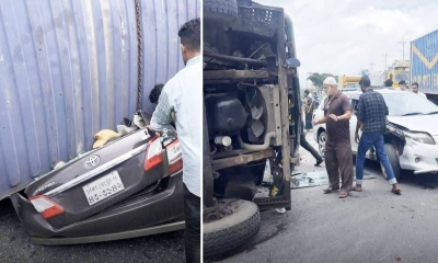 প্রাইভেটকারের ওপর উল্টে পড়ল কাভার্ডভ্যান, নিহত ৪