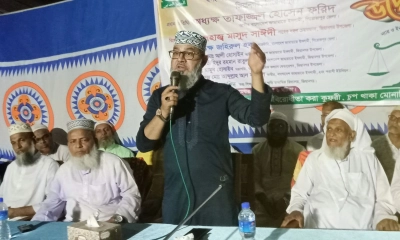 বক্তব্য দেন পিরোজপুর-১ আসনের জামায়াতে ইসলামী মনোনীত এমপি প্রার্থী মাসুদ সাঈদী। ছবি- রূপালী বাংলাদেশ