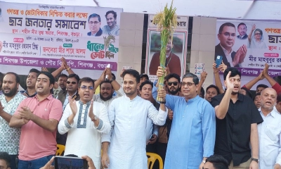 শিবগঞ্জে বিএনপির ছাত্র–জনতা সমাবেশে জুলাই যোদ্ধা শহীদ মীর মুগ্ধের জমজ ভাই মীর মাহবুবুর রহমান স্নিগ্ধ। ছবি- রূপালী বাংলাদেশ