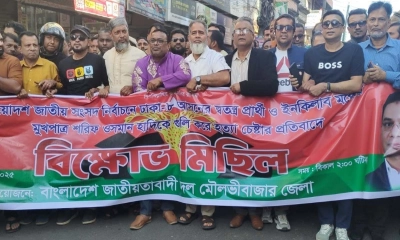 হাদিকে হত্যাচেষ্টার প্রতিবাদে মৌলভীবাজারে বিএনপির বিক্ষোভ