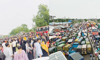 সোনারগাঁয়ে বেতন-বোনাসের দাবিতে পোশাক শ্রমিকদের বিক্ষোভ, ৮ কিমি যানজট