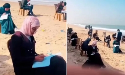 সমুদ্র তীরে বসে পরীক্ষা দিচ্ছেন গাজার শিক্ষার্থীরা, ভিডিও ভাইরাল