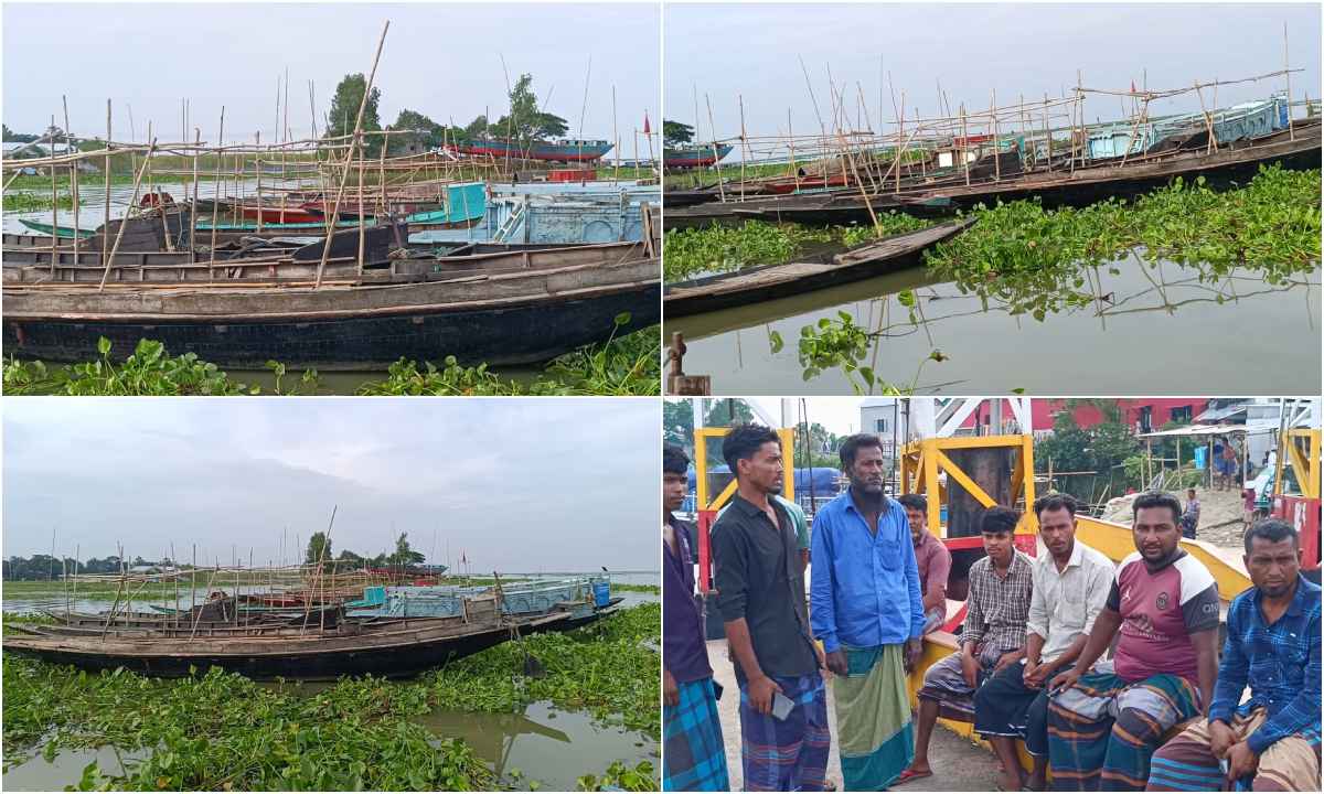 আটকে রাখা নৌকা, কর্মহীন মাঝিরা। ছবি- রূপালী বাংলাদেশ