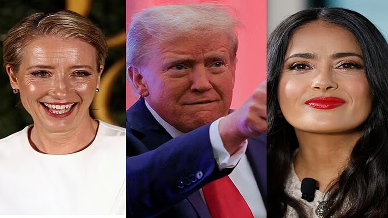 অভিনেত্রী এমা টমসন ও মার্কিন প্রেসিডেন্ট ডোনাল্ড ট্রাম্প, সালমা হায়েক । ছবি- সংগৃহীত