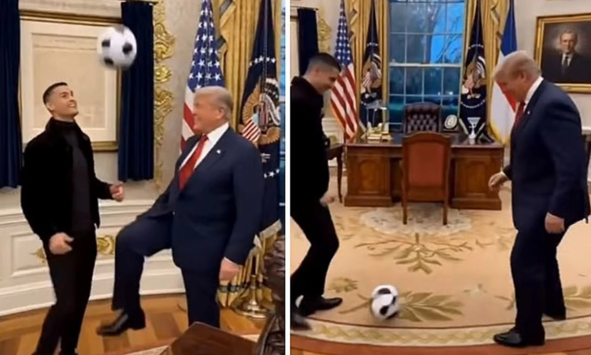 রোনালদোর সঙ্গে ফুটবল খেলছেন ট্রাম্প। ছবি- সংগৃহীত