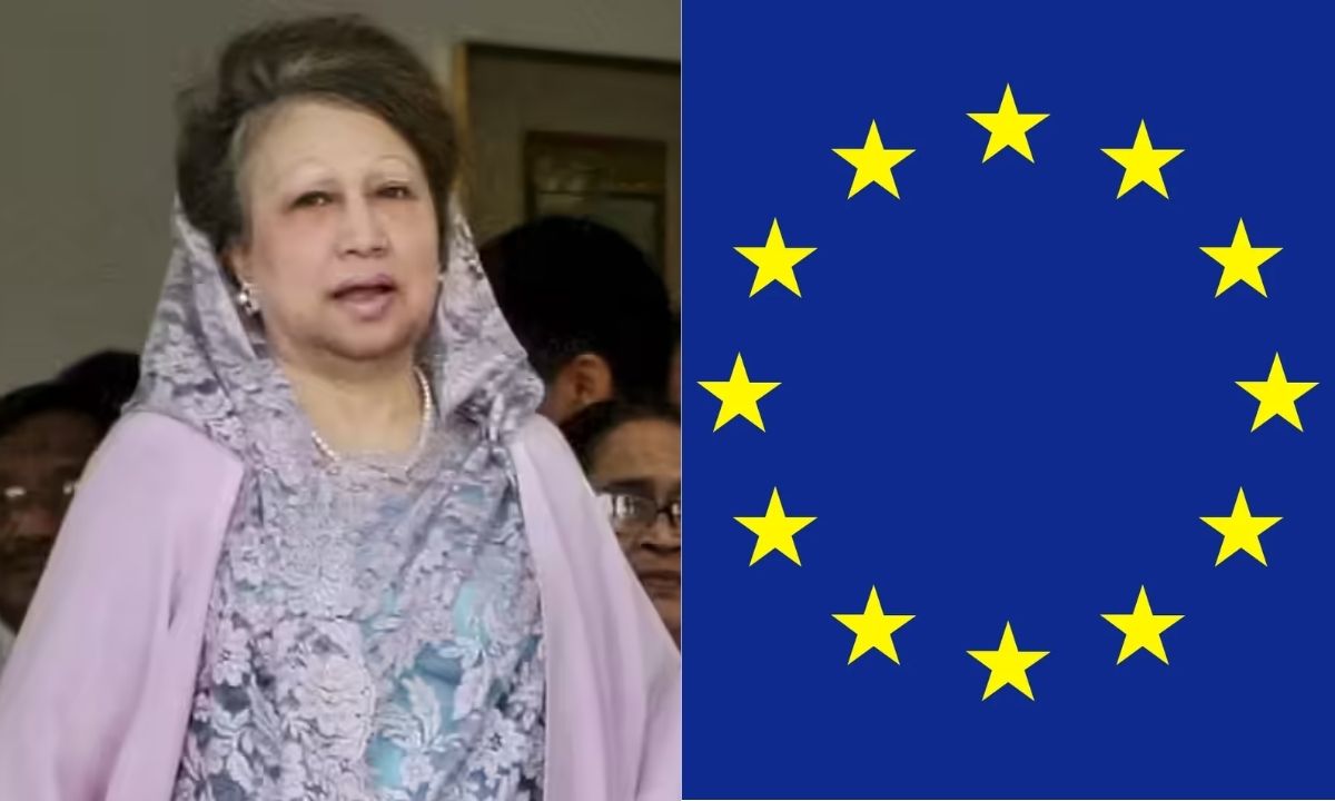 বিএনপি চেয়ারপারসন ও সাবেক প্রধানমন্ত্রী খালেদা জিয়া এবং ইউরোপীয় ইউনিয়নের (ইইউ) লোগো। ছবি : সংগৃহীত