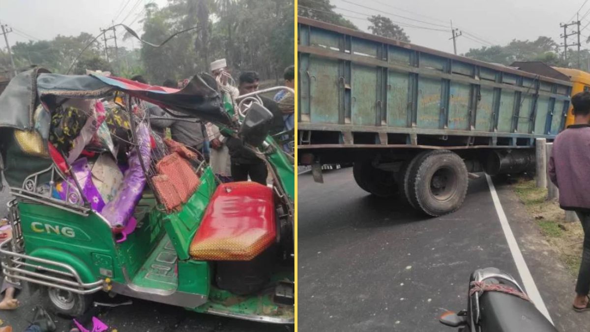 দুর্ঘটনা কবলিত ট্রাক ও সিএনজিচালিত অটোরিকশাটি। ছবি- সংগৃহীত