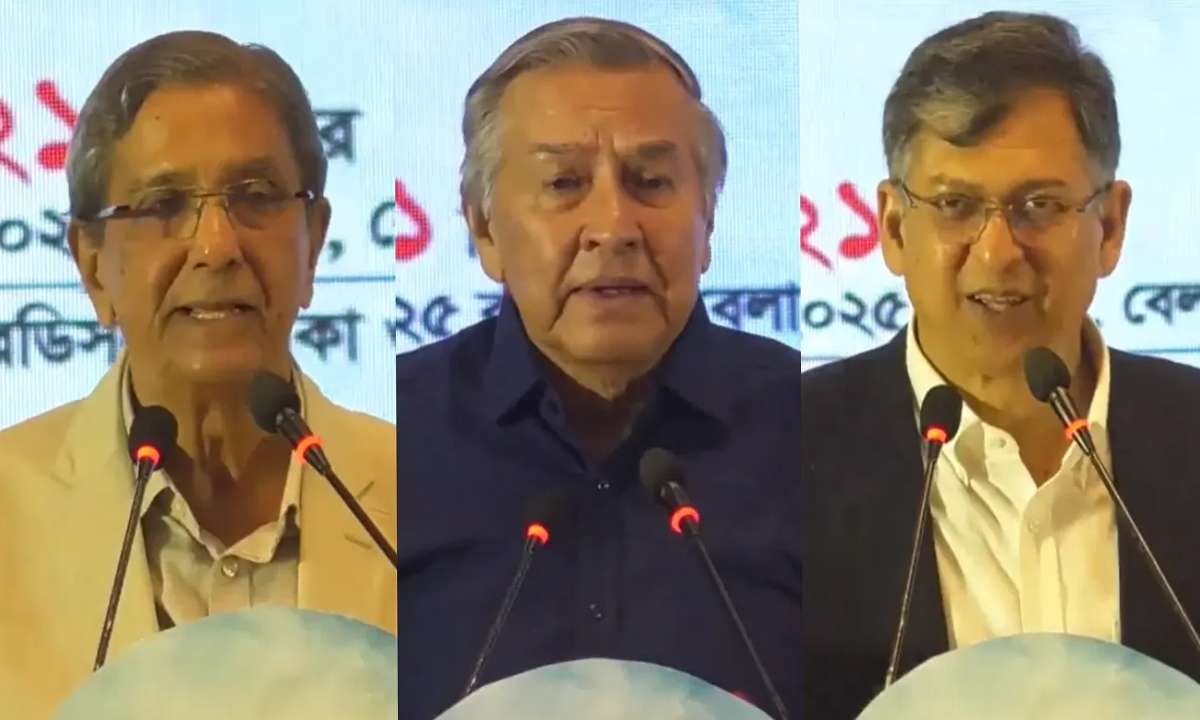 প্রথম আলো সম্পাদক মতিউর রহমান, ডেইলি স্টারের সম্পাদক মাহফুজ আনাম ও বিএরপির স্থায়ী কমিটির সদস্য সালাহউদ্দিন আহমদ। । ছবি- সংগৃহীত