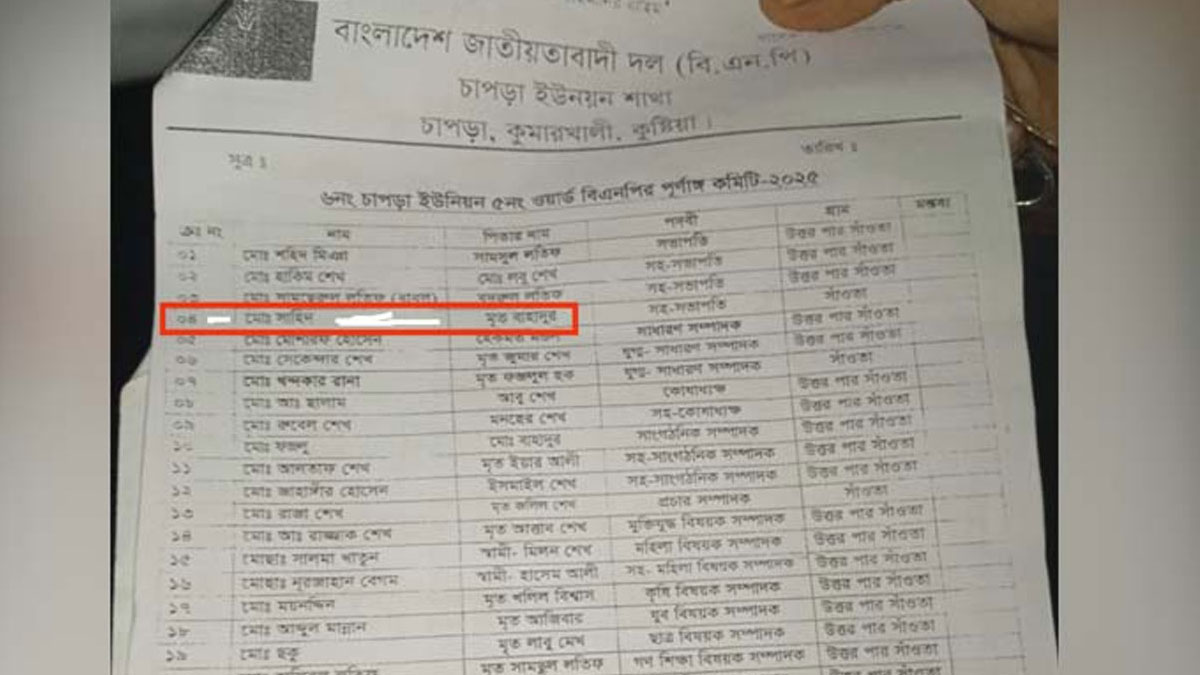 তিন বছর আগে মারা যাওয়া সাহিদ পেল বিএনপিতে সহসভাপতির পদ