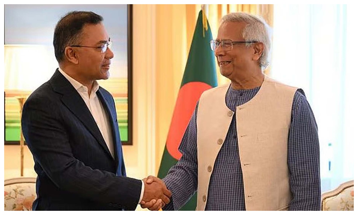 বিএনপির চেয়ারম্যান তারেক রহমান ও  অন্তর্বর্তীকালীন সরকারের প্রধান উপদেষ্টা প্রফেসর মুহাম্মদ ইউনূস। ছবি : সংগৃহীত