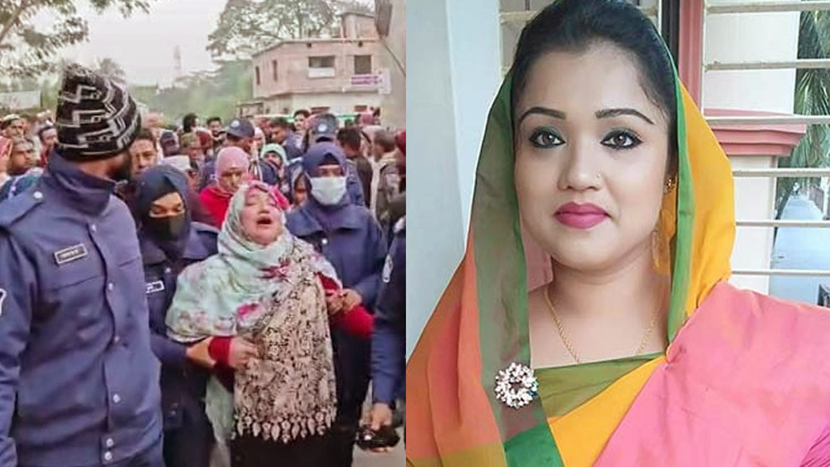 তিন ঘণ্টার জন্য প্যারোলে মুক্তি পেয়ে শ্বশুরের জানাজায় আ.লীগ নেত্রী ওয়ার্না মার্জিয়া নিতু। ছবি : সংগৃহীত