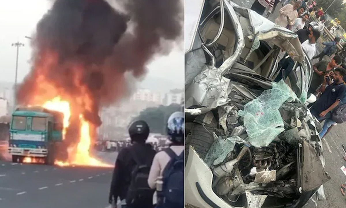 ট্রাকের মাঝখানে আটকে থাকা বিধ্বস্ত প্রাইভেটকার। ছবি: সংগৃহীত