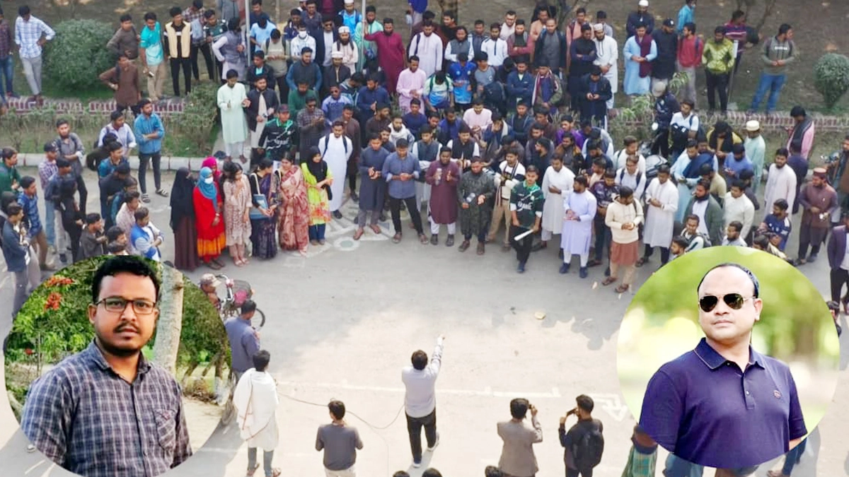 ট্যুরিজম বিভাগের সভাপতি সহকারী অধ্যাপক শরিফুল ইসলাম জুয়েল (বামে) ও ছাত্রদলের আহ্বায়ক সাহেদ আহম্মেদ (ডানে)। ছবি- রূপালী বাংলাদেশ