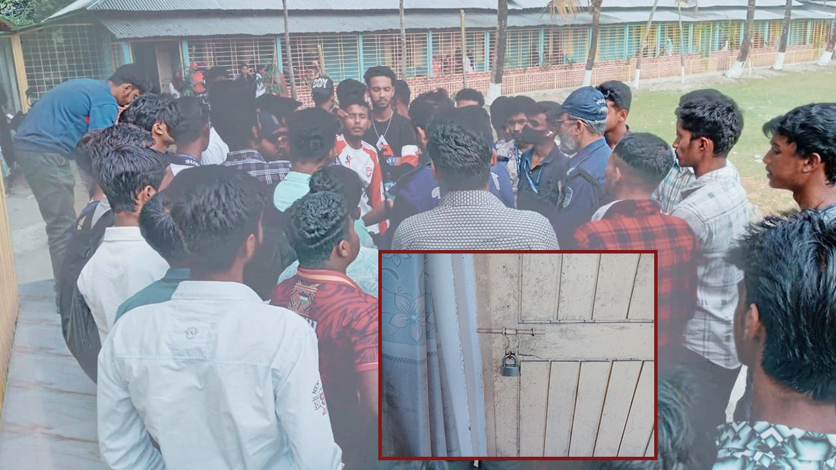 অনিয়ম-দুর্নীতি ও ভর্তিসহ বিভিন্ন খাতে অতিরিক্ত টাকা আদায়ের অভিযোগে অধ্যক্ষের কক্ষে তালা দেয় শিক্ষার্থীরা। ছবি- রূপালী বাংলাদেশ