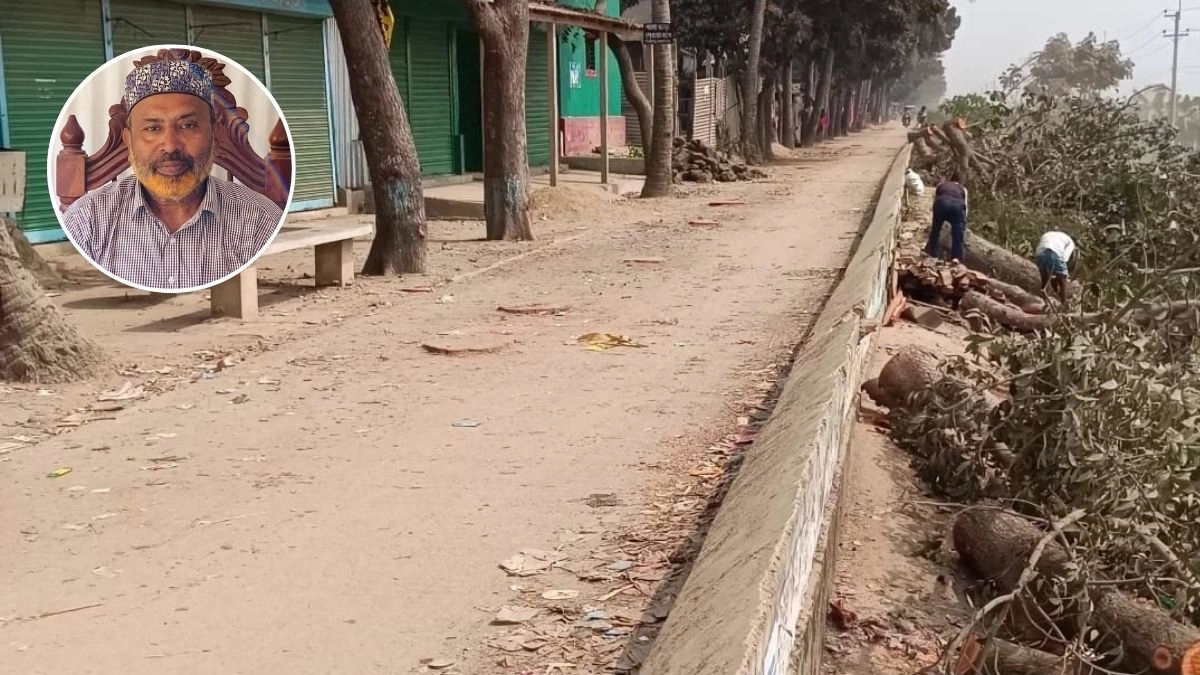 রাস্তার গাছ কাটা ও বিএনপি নেতা। ছবি : রূপালী বাংলাদেশ