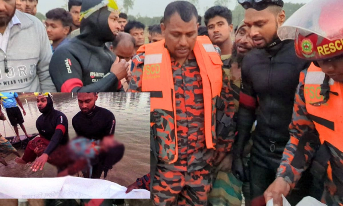 পুকুর থেকে মরদেহ উদ্ধার করেছে ফায়ার সার্ভিসের ডুবুরি দল। ছবি : রূপালী বাংলাদেশ
