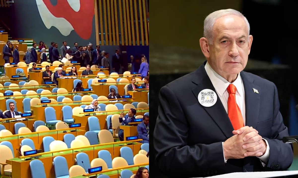 জাতিসংঘ সাধারণ পরিষদের অধিবেশনে নেতানিয়াহু বক্তব্য শুরু করতেই কক্ষ ত্যাগ করেন বহু কূটনীতিক। ছবি- সংগৃহীত
