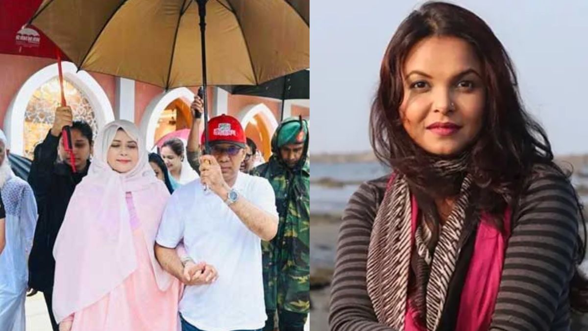 স্ত্রীর মাথায় ছাতা ধরে তারেক রহমান ও অভিনেত্রী মেহের আফরোজ শাওন। ক্লোলাজ ছবি