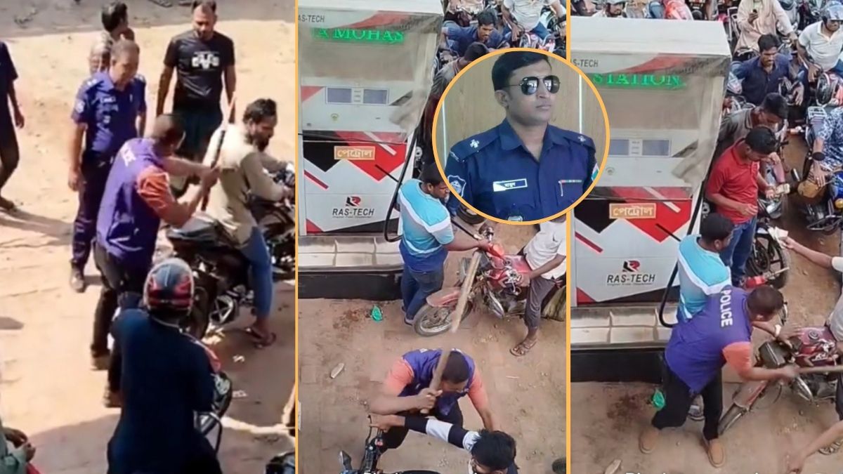 তেলের পাম্পে বাইকারদের সঙ্গে এএসআইয়ের দুর্ব্যবহার। ছবি : রূপালী বাংলাদেশ