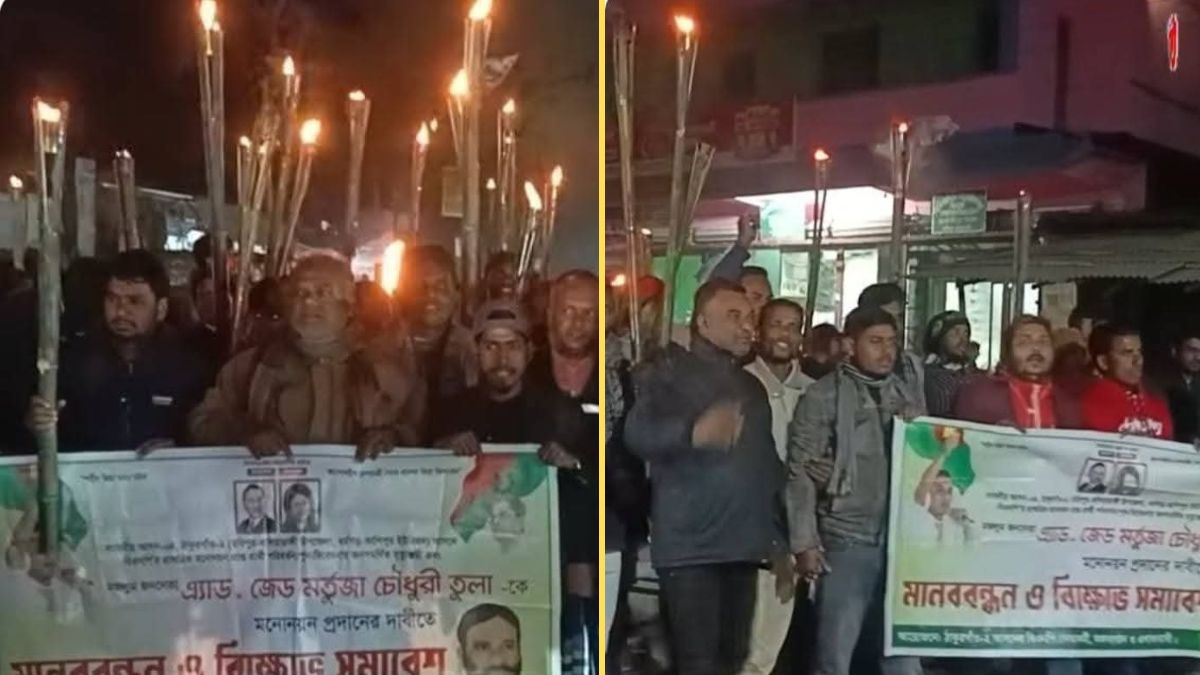 ঠাকুরগাঁওয়ের হরিপুরের চৌরঙ্গী বাজারে বিএনপির মশাল মিছিল। ছবি- রূপালী বাংলাদেশ