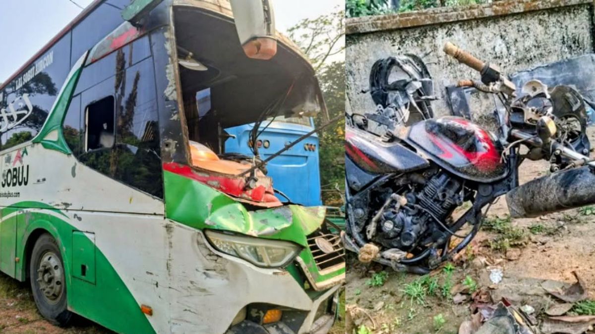 দুর্ঘটনাকবলিত বাস ও মোটরসাইকেল। ছবি : রূপালী বাংলাদেশ