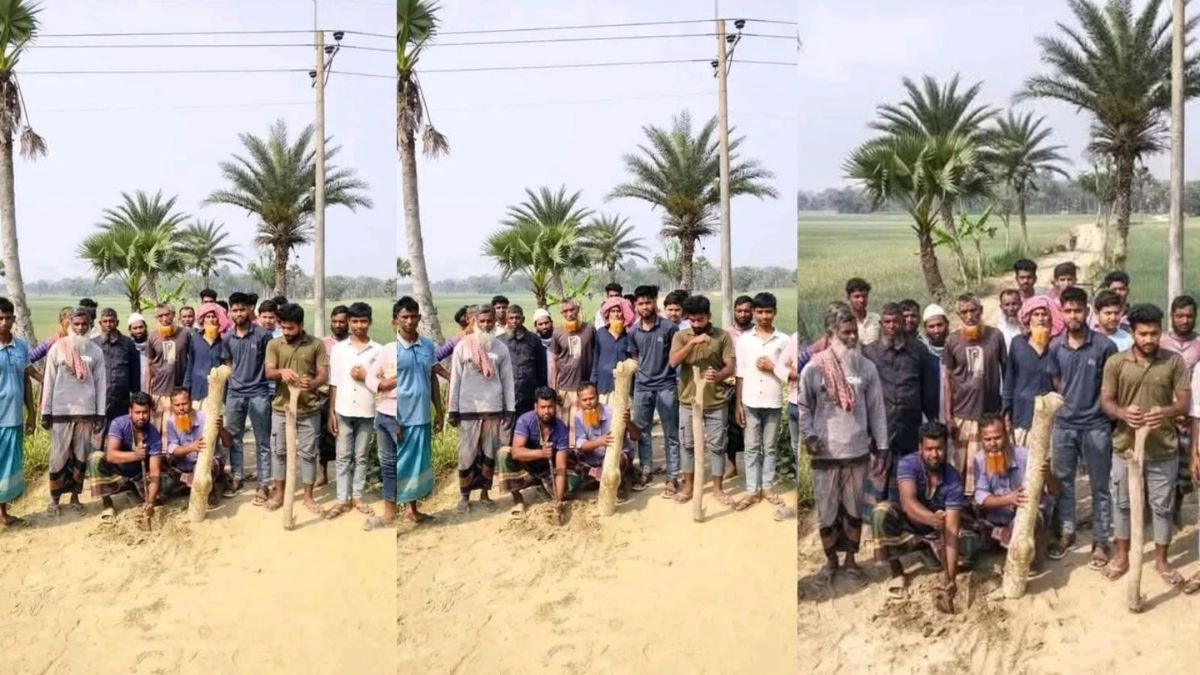 সালথায় রাস্তার মাঝখানে খুঁটি পুঁতে প্রতীকী প্রতিবাদ। ছবি : রূপালী বাংলাদেশ