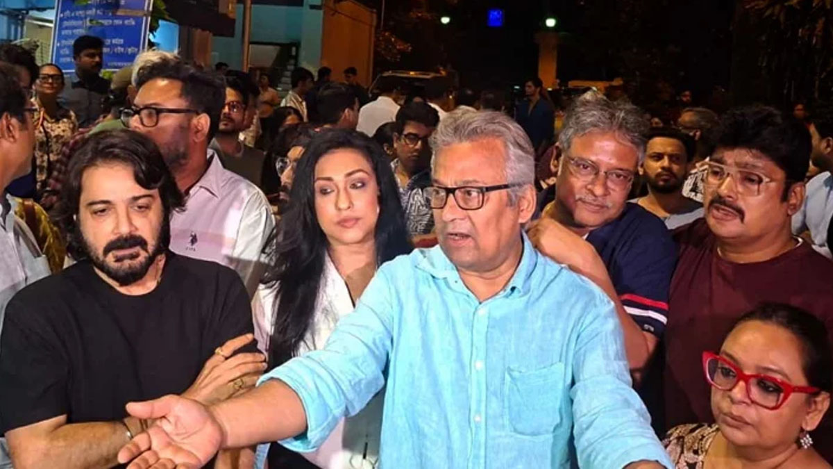 জরুরি সভার পর সংবাদমাধ্যমে কথা বলছেন তারকারা । ছবি : সংগৃহীত