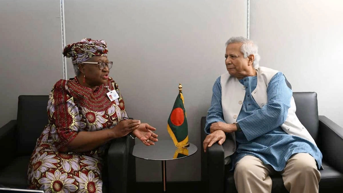 প্রধান উপদেষ্টা অধ্যাপক মুহাম্মদ ইউনূস ও ডব্লিউটিওর মহাপরিচালক ড. এনগোজি ওকোনজো-ইওয়ালা। ছবি- সংগৃহীত